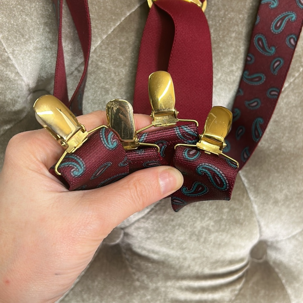 Vintage Made in Germany paisley print gold burgundy adjustable suspenders - Picture 5 of 7
